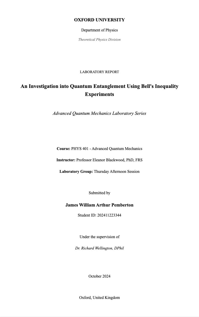 Academic thesis lab report cover page